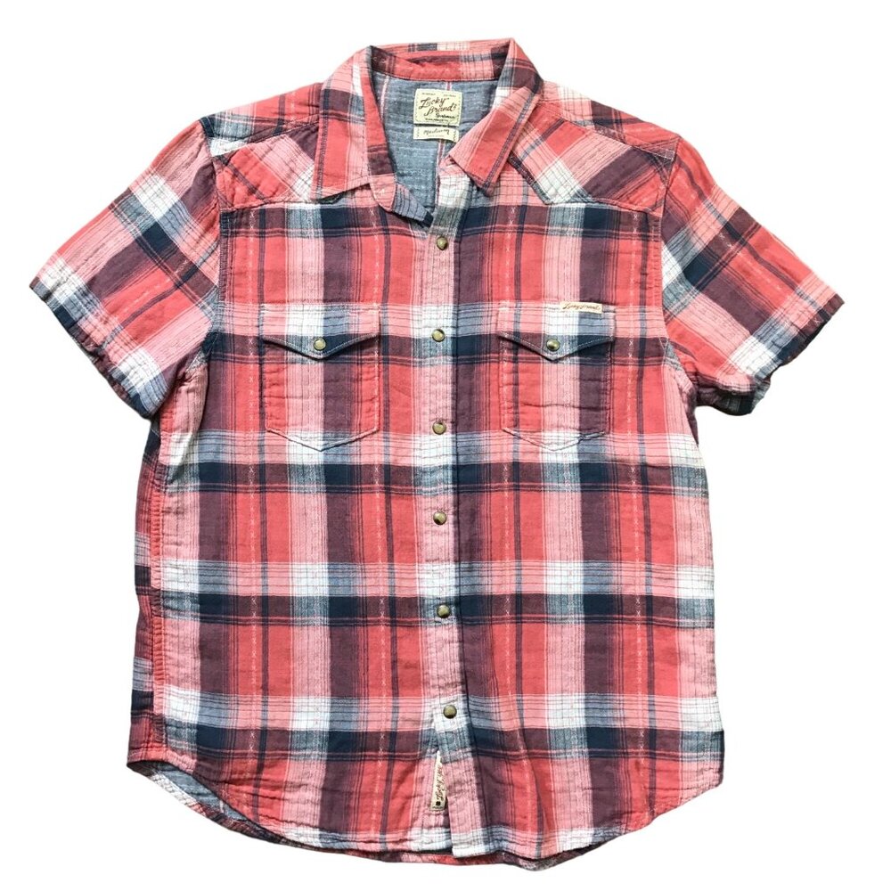 Lucky Brand Plaid Pearl Snap Western Shirt Men's Medium Short Sleeve 100% Cotton